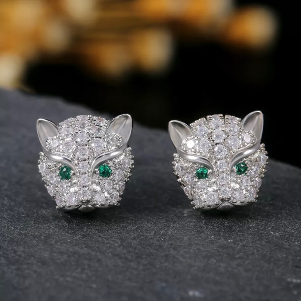 14k white gold panther earrings 2 CT diamond - Picture 4 of 9
